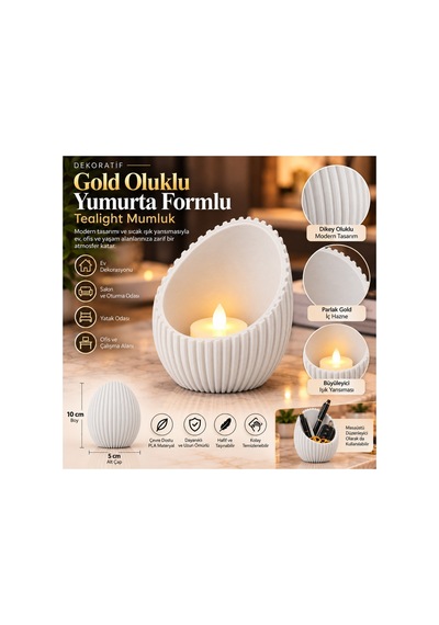 Dekoratif Oluklu Yumurta Formlu Tealight Mumluk Ve Masaüstü Düzenleyici 10x5 Cm - Beyaz