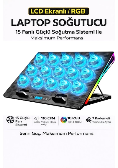 Rgb Işıklı Laptop Soğutucu Stand Lcd Ekran 15 Fanlı Güçlü Sessiz Soğutma
