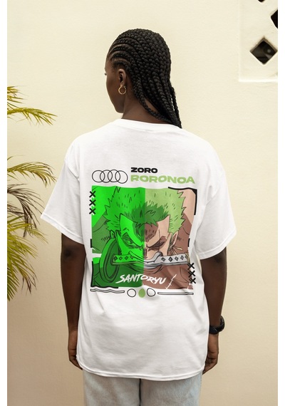 One Piece Roronoa Zoro Sırt Baskılı Unisex Oversize Anime Tişört Beyaz