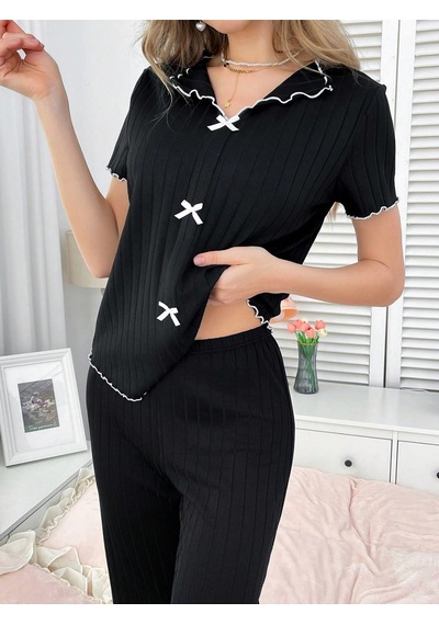 Bella Notte Pamuklu Siyah Fitilli Mevsimlik Kadın Pijama Takımı