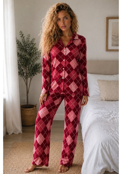 Kadın Örme Gömlek Yaka Kırmızı Pijama Takımı