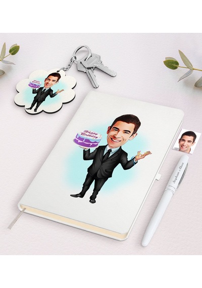 Kişiye Özel Erkek Doğum Günü Karikatürlü Beyaz Defter Kalem Ve An N11.3995