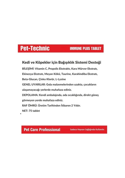 Immune Plus Tablet Kedi Ve Köpekler İçin Bağışıklık Güçlendirici Takviye Beta-glucan, Propolis, Vitamin C Ve Bitkisel Ekstratlar 75 Tablet
