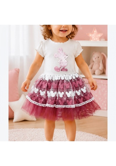 Candar 1-2-3 Yaş Kız Bebek Elbisesi Payetli Mickey Baskılı Ve Brode Etekli Rose