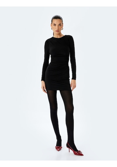 Koton Drape Detaylı Uzun Kollu Mini Kalem Elbise Siyah 5wak80300ek Siyah