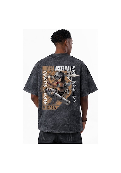 Sevbano Mikasa Ackerman Attack On Titan Baskılı Unisex Oversize Eskitme Y Siyah