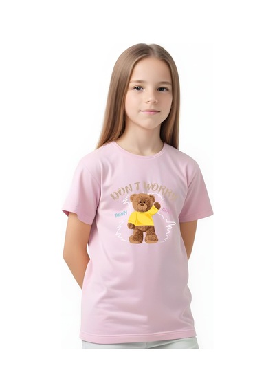 Panios Kids Worry Bear Baskılı Kız Çocuk Kısa Kollu T-shirt Açık Pembe