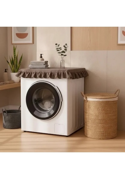 Fırfırlı Çamaşır Makinesi Örtüsü - Çeyizlik Dekoratif Banyo Makine Kılıfı- Kahverengi