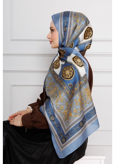 Sevitli Versace Desenli Hint İpeği Şal-bebe Mavi-4534