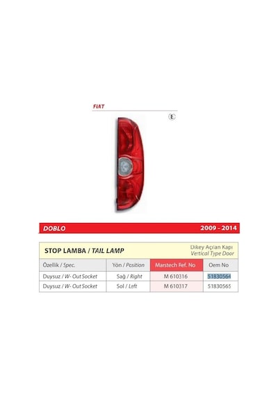 Fiat Doblo Sağ Arka Duysuz Stop Lamba Dikey Açılan Kapı 2009-2014 -51830564