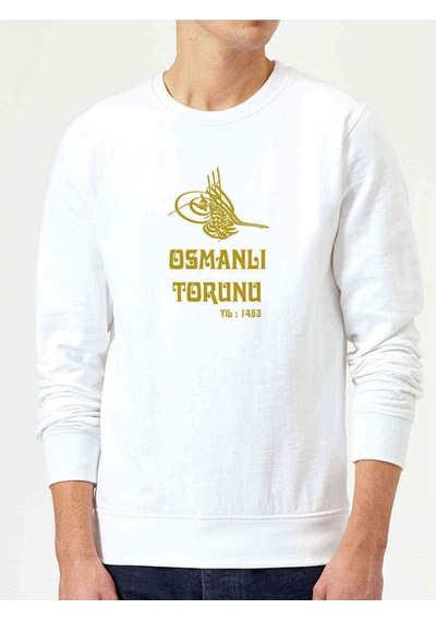 Osmanlı Torunu Tugra 1453 Baskılı Beyaz Erkek Örme Sweatshirt