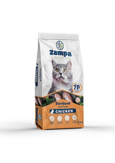 Zampa Tam ve Dengeli Kısırlaştırılmış Tavuk Etli Yetişkin Kediler İçin Kuru Mama 15 KG