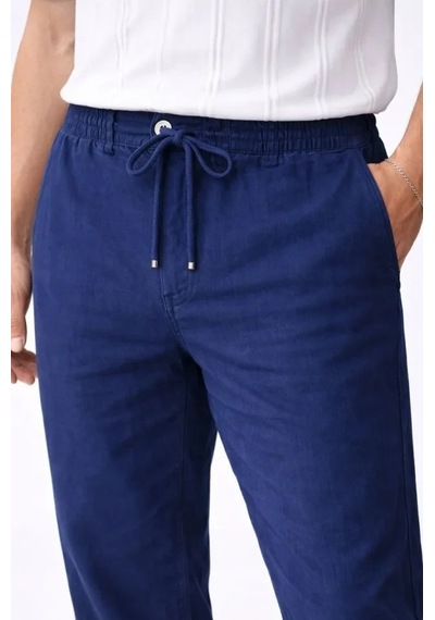 Defymoda Erkek Keten Cepli Pantolon Lastikli Bel Bağcıklı Önden Fermuarlı - İndigo