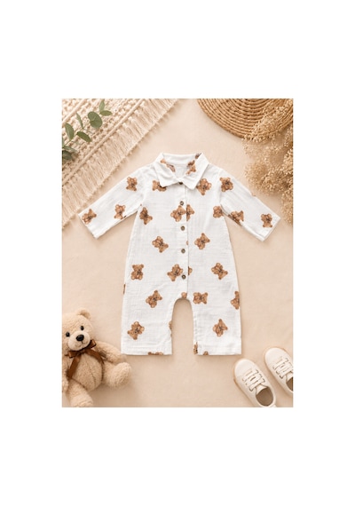 Omeca Concept Bebek Doğal Dokulu %100 Pamuk Desenli Tulum Hafif Ve Nefes Alan Gömlek Yakalı Bebek Tulumu Beyaz Omeca Concept Bebek Doğal Dokulu %100 Pamuk Desenli Tulum Hafif Ve Nefes Alan Gömlek Yakalı Bebek Tulumu Beyaz