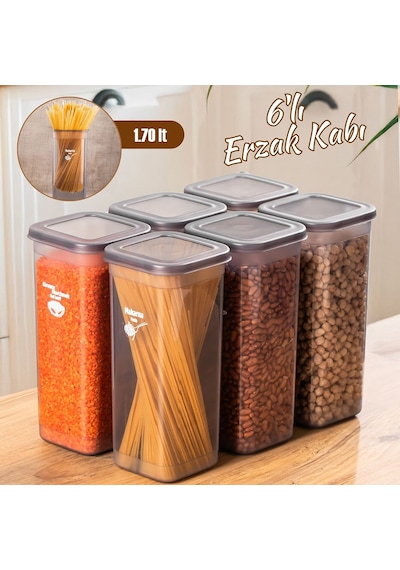 Porsima 432 Gr 6 lı Etiketli Kare Un Erzak Bakliyat Saklama Kabı Takımı Seti 1.70 Lt - Gri