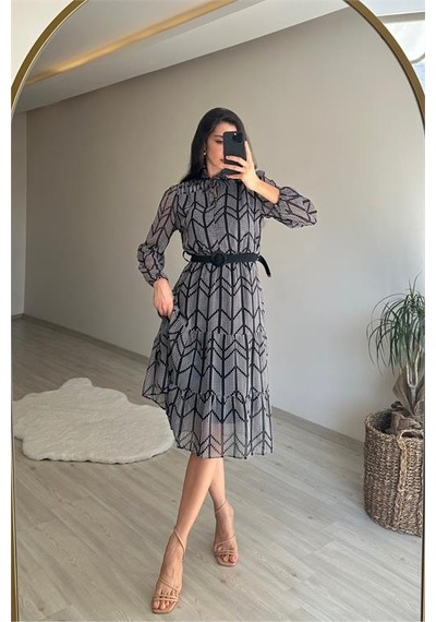 Neşeli Butik Kadın Yaka Lastikli Küçük Puantiyeli Midi Şifon Elbise Nm022 Siyah