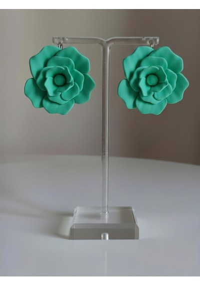 Kadın Küpe Büyük Aqua Yeşil Gül Çiçek Model - 6 Cm Minimalist Halka/çivili Gül Çiçek Küpe