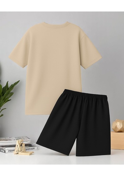 Uyguntarz Unisex Boğa Baskılı Tasarım Şort Takım Bej