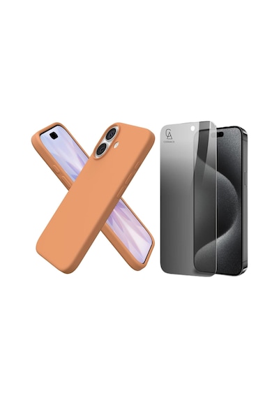 Apple Uyumlu iPhone 17 Içi Kadife Lansman Kılıf Ve Hayalet Privacy Tam Kaplayan Cam Ekran Koruyucu Turuncu