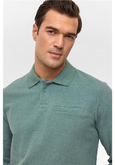 Süvari Haki Regular Armürlü Polo Yaka Sweatshirt Haki