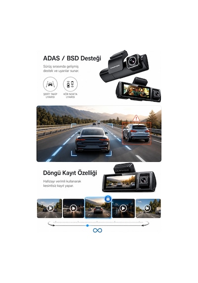 Bagajon 3 Kameralı Yapay Zekâ Destekli 4k Araç İçi Kamera Ön İç Arka Kamera Wifi Gps Adas 24 Saat Park Modu Gece Görüşlü