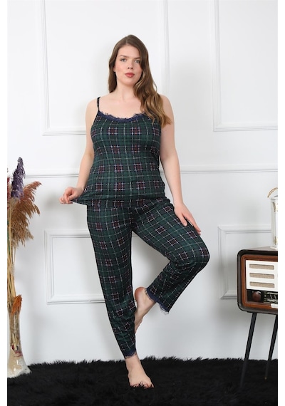 Akbeniz Kadın Büyük Beden Yeşil Ekoseli İp Askılı Pijama Takım 202197-yeşil Yeşil