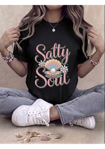 Retro İstiridye Ve İnci Baskılı Kompakt T-shirt Siyah