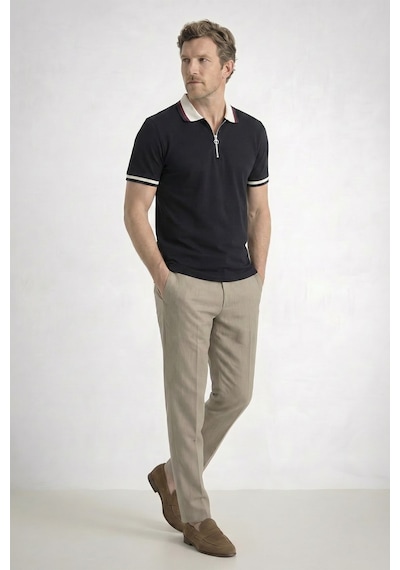 Tudors Erkek Slim Fit Dar Kesim %100 Pamuk Kısa Kollu Yarım Fermuarlı Siyah Polo Yaka Tişört-50743