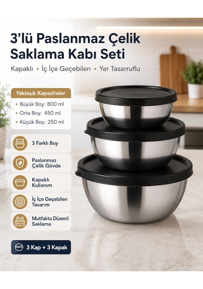Saklama Kabı Seti 3'lü - Paslanmaz Çelik Çok Renkli