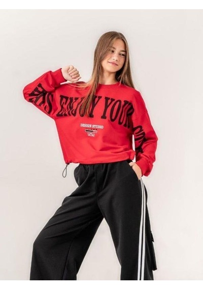 Kız Çocuk Enjoy Baskılı 2 İplik Sweatshirt-15351 Kırmızı