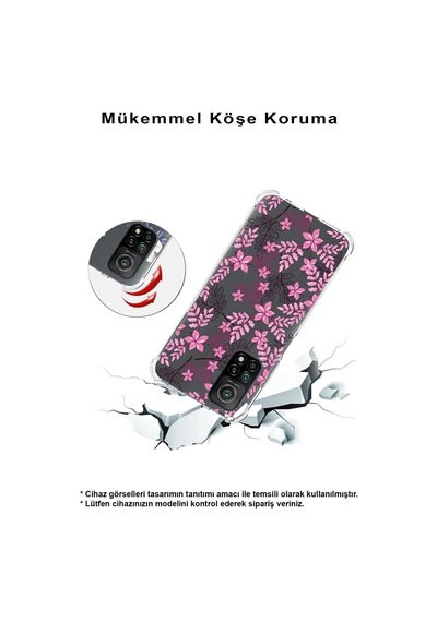 Huawei Y9 Prime 2019 Uyumlu Köşe Korumalı Floral Pembe Tasarımlı Şeffaf Silikon Kılıf