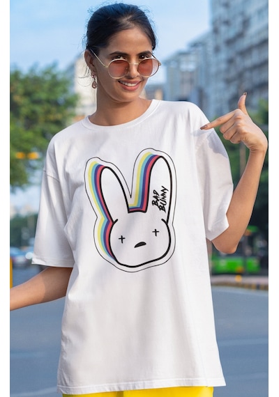 Sevbano Bad Bunny Rapper Şarkıcı Baskılı Unisex Oversize Tişört Beyaz
