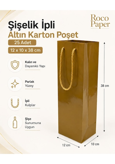 Şişelik İpli Altın Karton Poşet, 25 Adet - 12x10x38 Cm, Kalın Yap