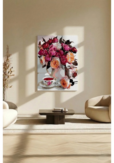 Sayılarla Boyama Seti 40 x 50 CM Tuval Şasesine Gerili Pembe Kamelyalar