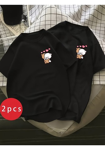 Nevermind Sevgili Kombini Ayıcık Kalp Baskılı Çift Tişört Oversize Unisex P Siyah
