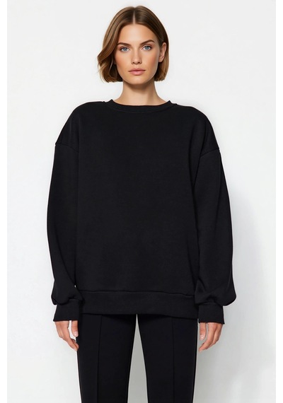 Benerly Kadın Bisiklet Yaka Düşük Kol Oversize Kalın Örme Sweatshirt Fonk siyah
