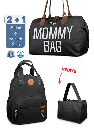 Stylo Bebek Bakım Kadın Omuz Çantası + Popi Anne Kadın Sırt Çantası + Termos Çanta Mommy Siyahtk