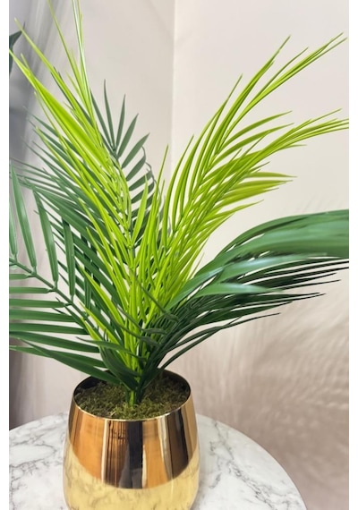 Yapay Çiçek Palmiye Areka Yapay Bitki Gold Metal Saksı Salon Çiçeği 9 Yaprak 50cm