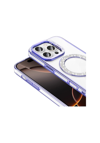 Apple Uyumlu iPhone 16 Pro Kılıf Pırlanta Taş Tasarımlı M-safe Şarj Özellikli Karetta Silikon Kılıf Mor