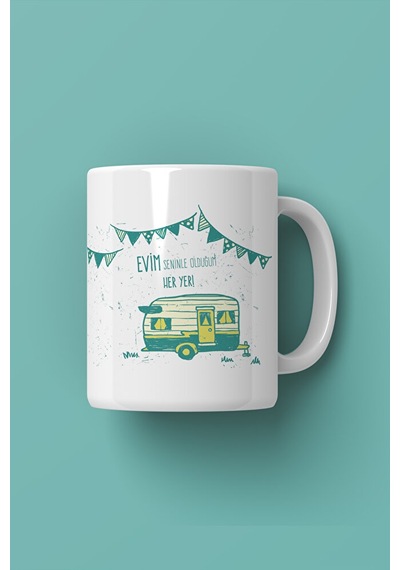 Evim Seninle Olduğum Her Yer Kupa Karavan Temalı Porselen Kahve Kupası 330 Ml Beyaz