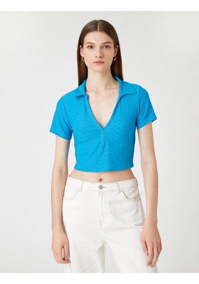Koton Polo Yaka Crop Tişört Uzun Kollu Mavi 3sak50066ek Mavi