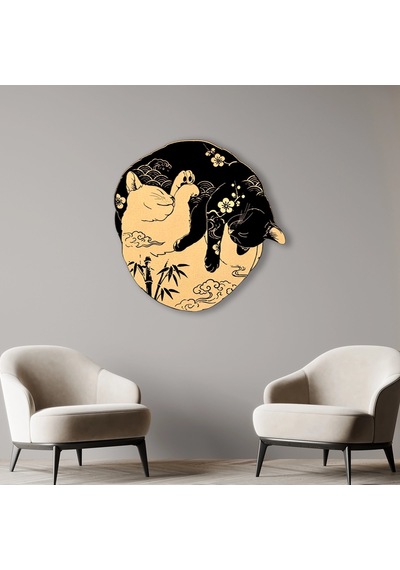 Yin Yang Kediler Japon - Metal Tablo - Dec0166 60 X 60 Cm Çok Renkli
