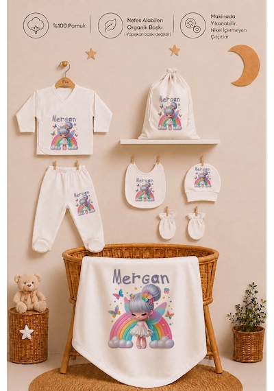 Pia Baby Kız Bebek Hastane Çıkışı Hediye Seti 8 Parça Zıbın Set %100 Pamuk Battaniye Yastık Ve Kese 1084zybkyx Krem