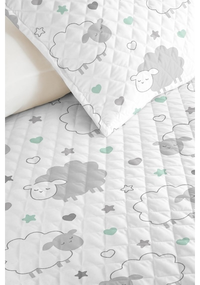 Evimde Bambaşka Kuzu Desenli Çocuk Odası Tek Kişilik Pike Takımı - Mint Yıldızlar 160x220  CM Kapitone Yatak Örtüsü