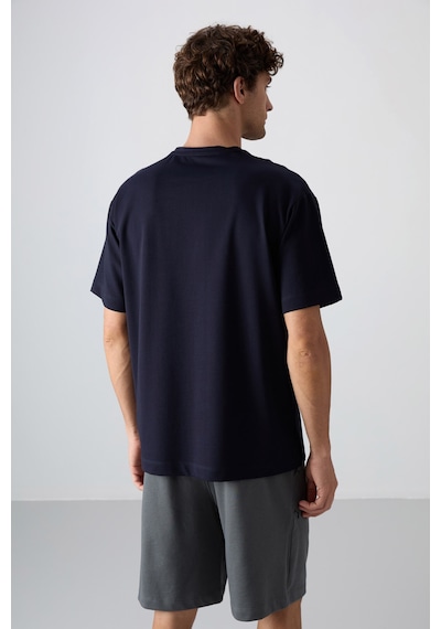 Tommy Life Lacivert Pamuklu Kalın Yumuşak Dokulu Oversize Fit Baskılı Erkek T-shirt - 88343 Lacivert
