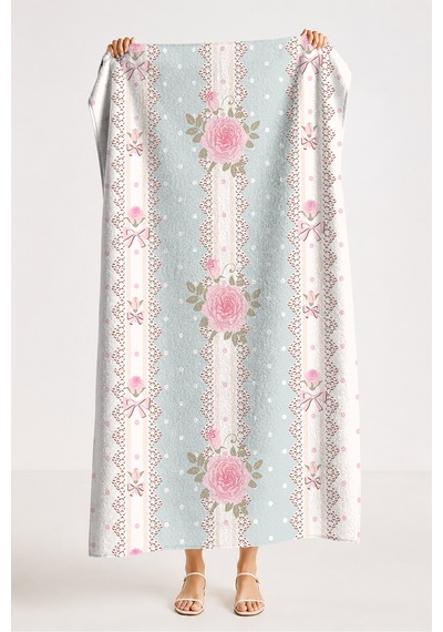 Gül Çiçekli Dantel Detaylı Plaj Havlusu-vintage Romantik Pastel Mavi Hızlı Kuruyan Mikrofiber Havlu Kül Karamel