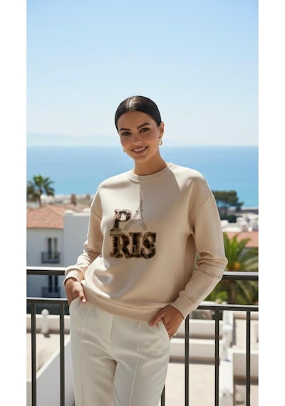 Taş Detaylı Eyfel Paris Yazılı Oversize Sweatshirt Ekru Ekru