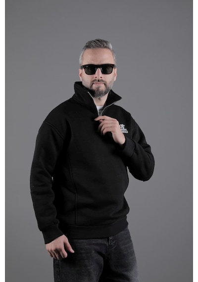 Dik Yakalı Parçalı Erkek Sweatshirt Siyah