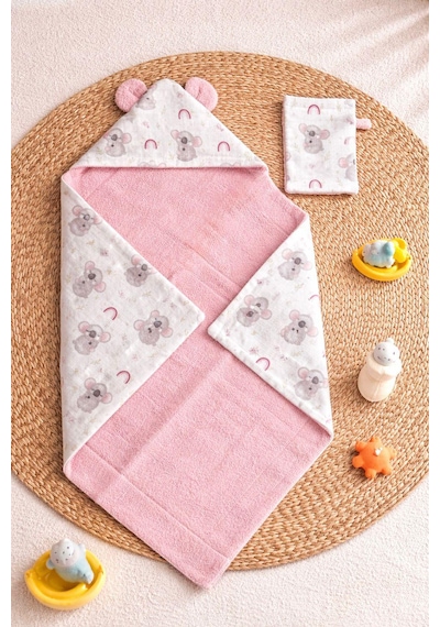 Heianmono Kundak Bebek Banyo Havlusu Dışı Müslin İçi Havlu (%100 Pamuk) (75x75 Cm) (Pembe) (0 - 24 Ay)