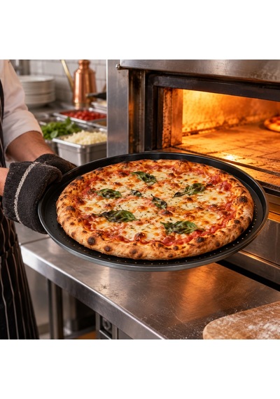 Fida Pizza Tavası Teflonlu Delikli Profesyonel 34 Cm Siyah